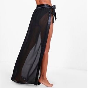 BooHoo Maxi Sarong Black Satin Tie Sheer Beach Cover Up size M/L
